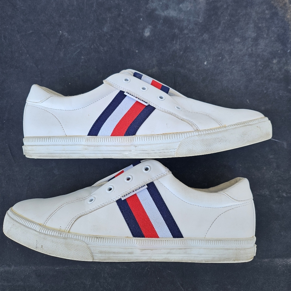 Tommy Hilfiger White Slip-On Sneakers with Red & Navy Stripes